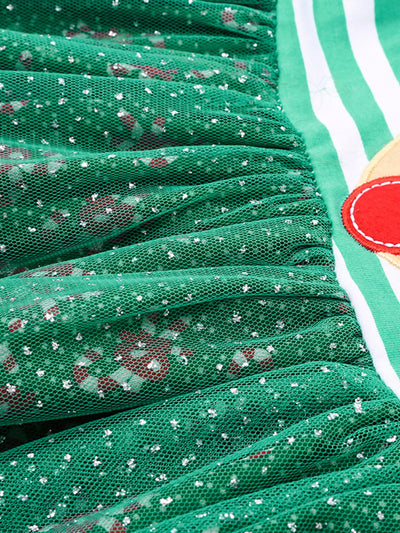 Children's Christmas Reindeer Applique Striped Long Sleeve Dress