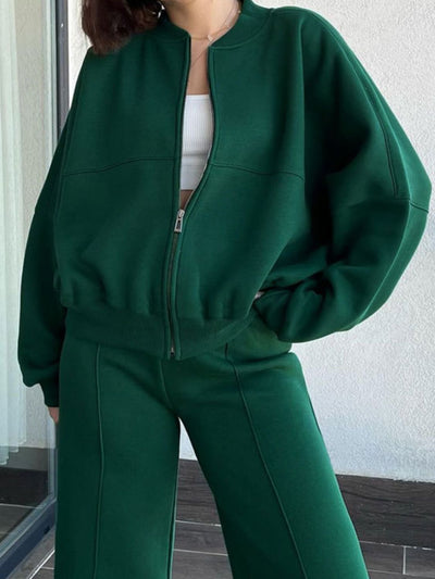 Casual Baseball Collar Zip Top & Drawstring Pants Set