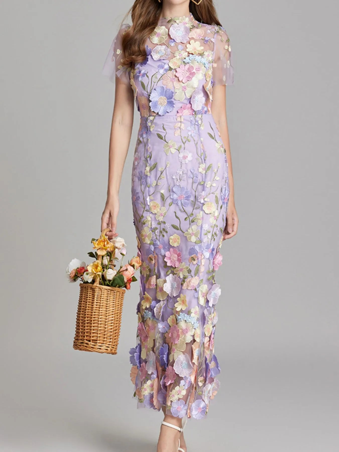 Floral Embroidered Mesh Overlay Maxi Dress