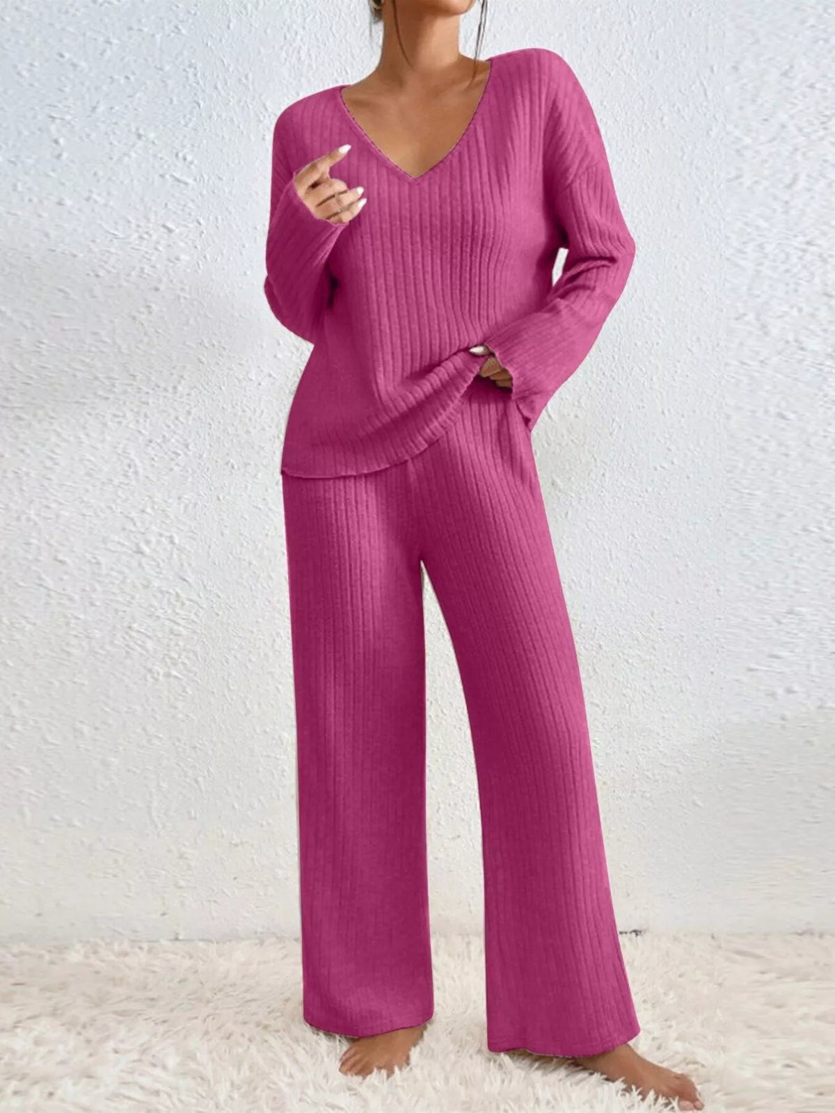 Ribbed V-Neck Top and Pants Set