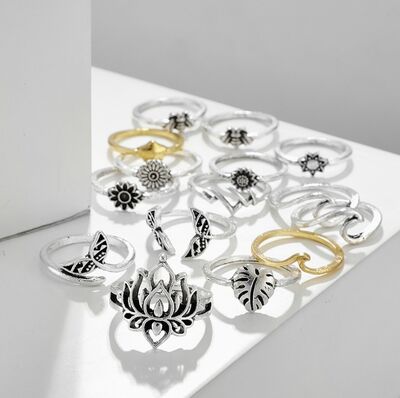 Trendy Alloy Multi Shapes 15-Piece Fashion Ring Set