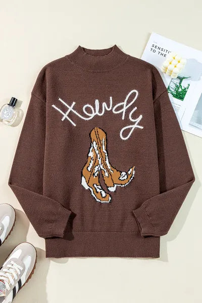 Cozy Women's Mock Neck Sweater with Western Boot Motif