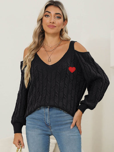 Cozy Cable-Knit Heart V-Neck Sweater with Chic Cutouts