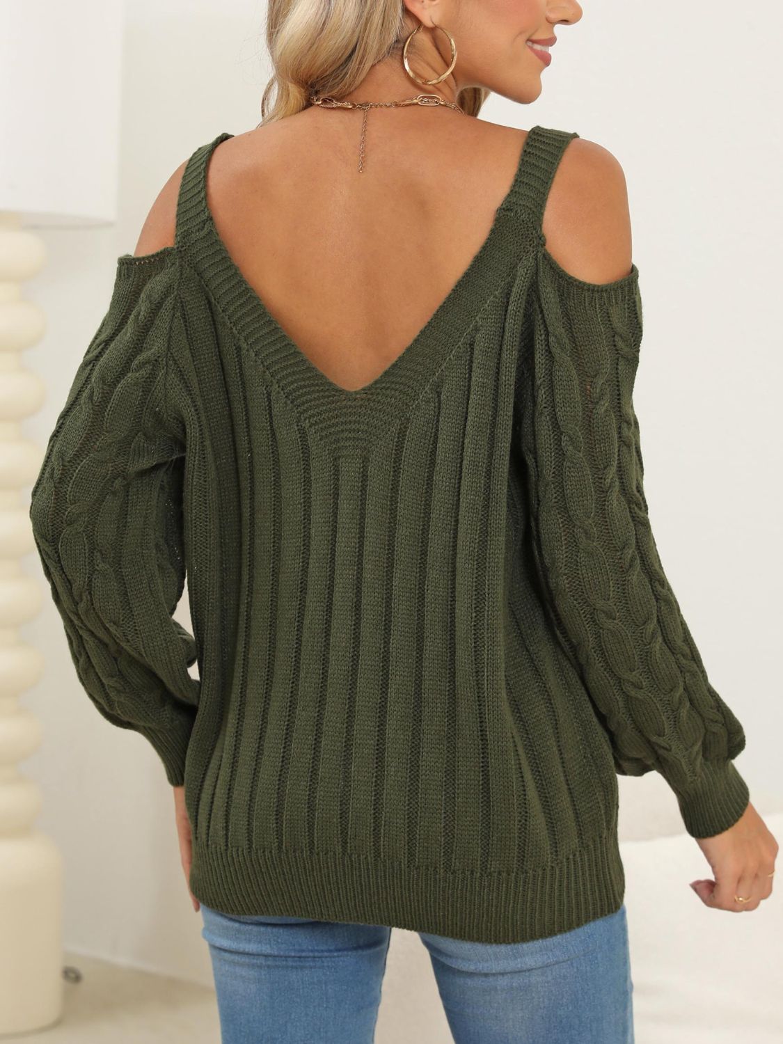 Cozy Cable-Knit Heart V-Neck Sweater with Chic Cutouts