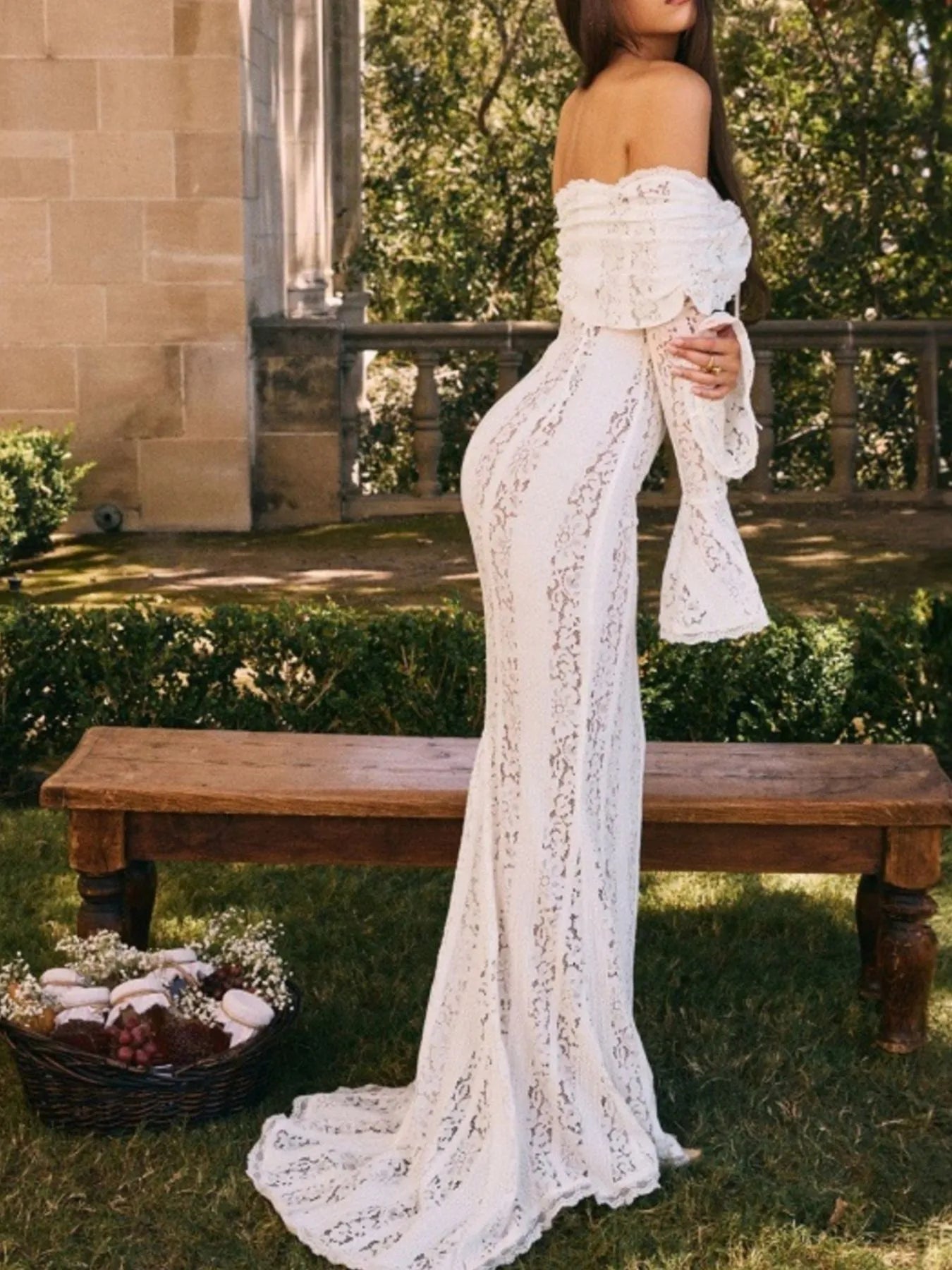 Lace Off-Shoulder Flounce Sleeve Maxi Dress