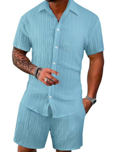 Men's Full Size Button Down Short Sleeve Shirt and Shorts Set Plus Size for Summer Style