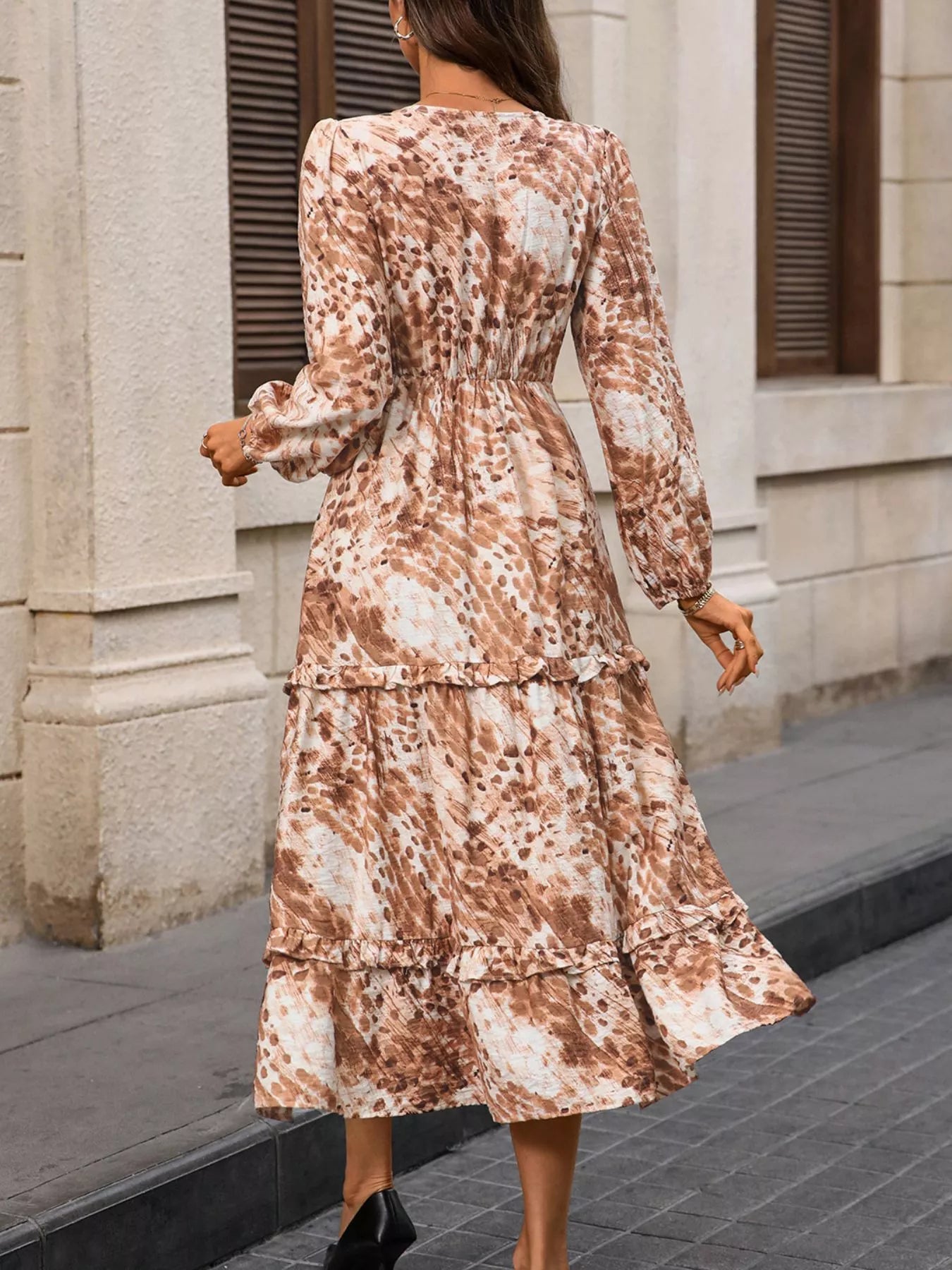 Ruffled V-Neck Balloon Sleeve Dress