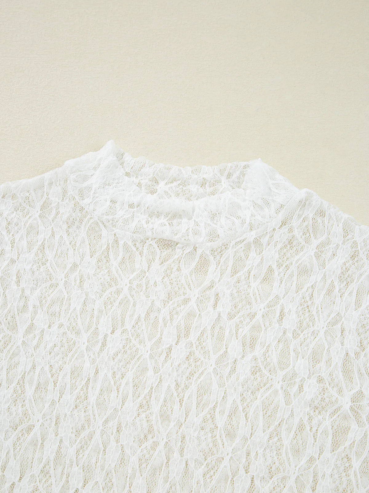 Sheer Lace Bell Sleeve Mock Neck Blouse