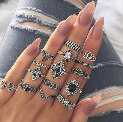Boho Stackable 15-Piece Alloy Vintage Ring Set