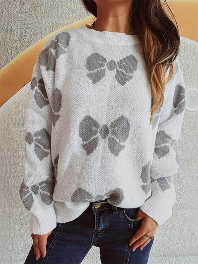 Women's Casual Bow Round Neck Sweater with Dropped Shoulder