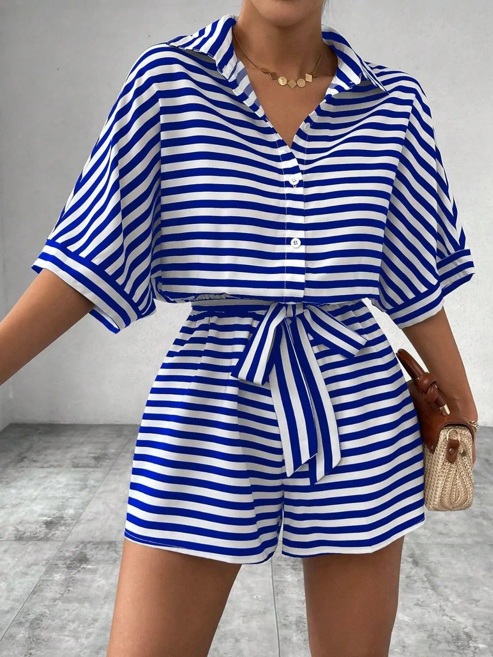 Tie Waist Half Button Striped Romper