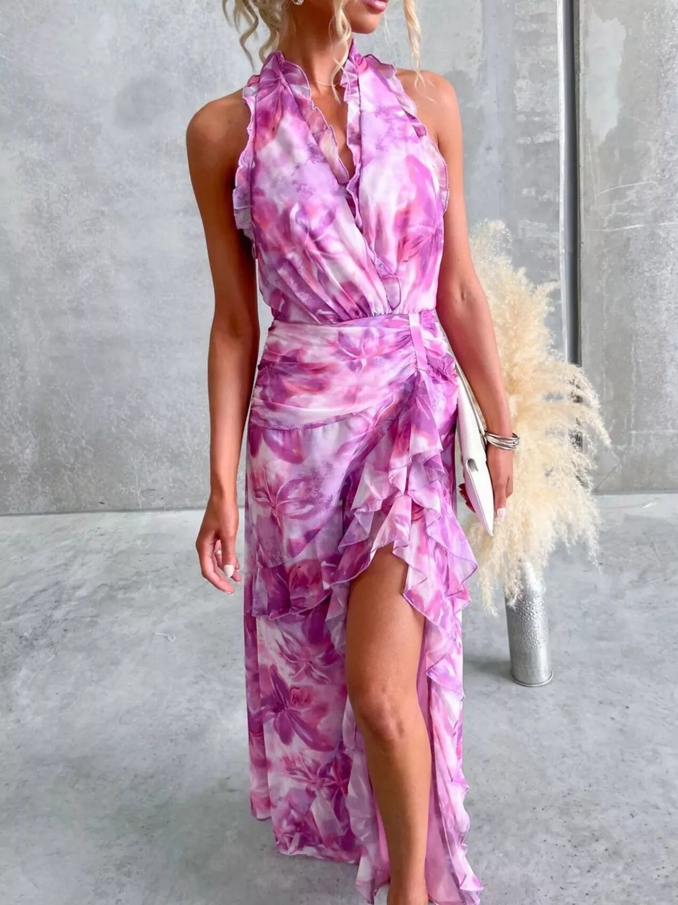 Floral Print Ruffle Halter Neck Maxi Dress