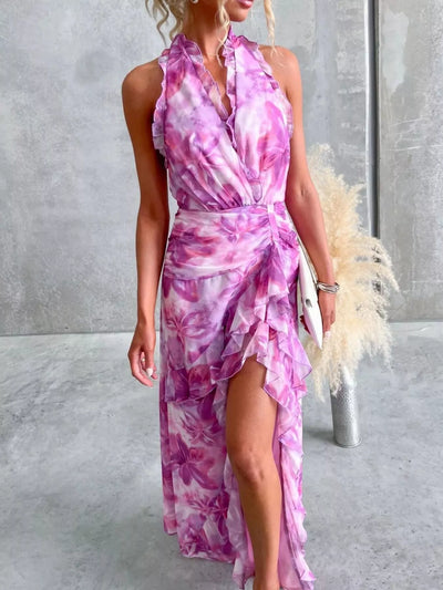 Floral Print Ruffle Halter Neck Maxi Dress