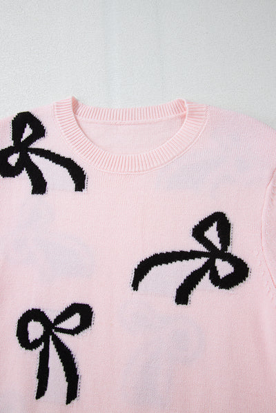 Chic Bow Design Loose Fit Sweater in Soft Pink Hue
