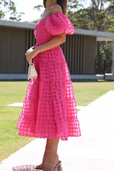 Off Shoulder Short Puff Sleeve Midi Dress