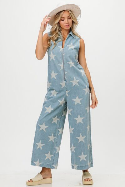 Trendy Star Print Denim Jumpsuit with Half Zip Sleeveless Design