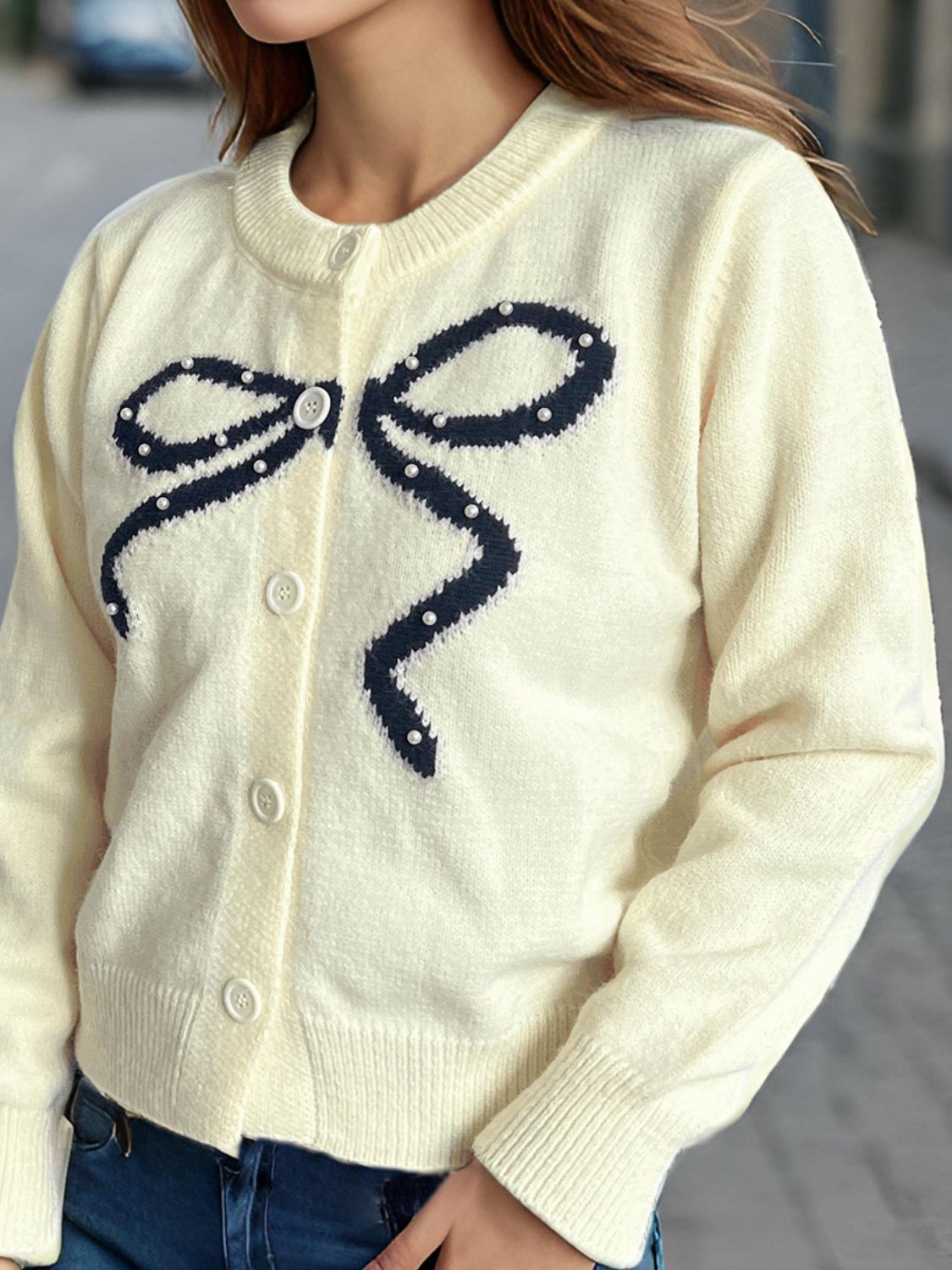 Chic Bow Button Cardigan with Stylish Round Neck Design