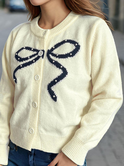 Chic Bow Button Cardigan with Stylish Round Neck Design