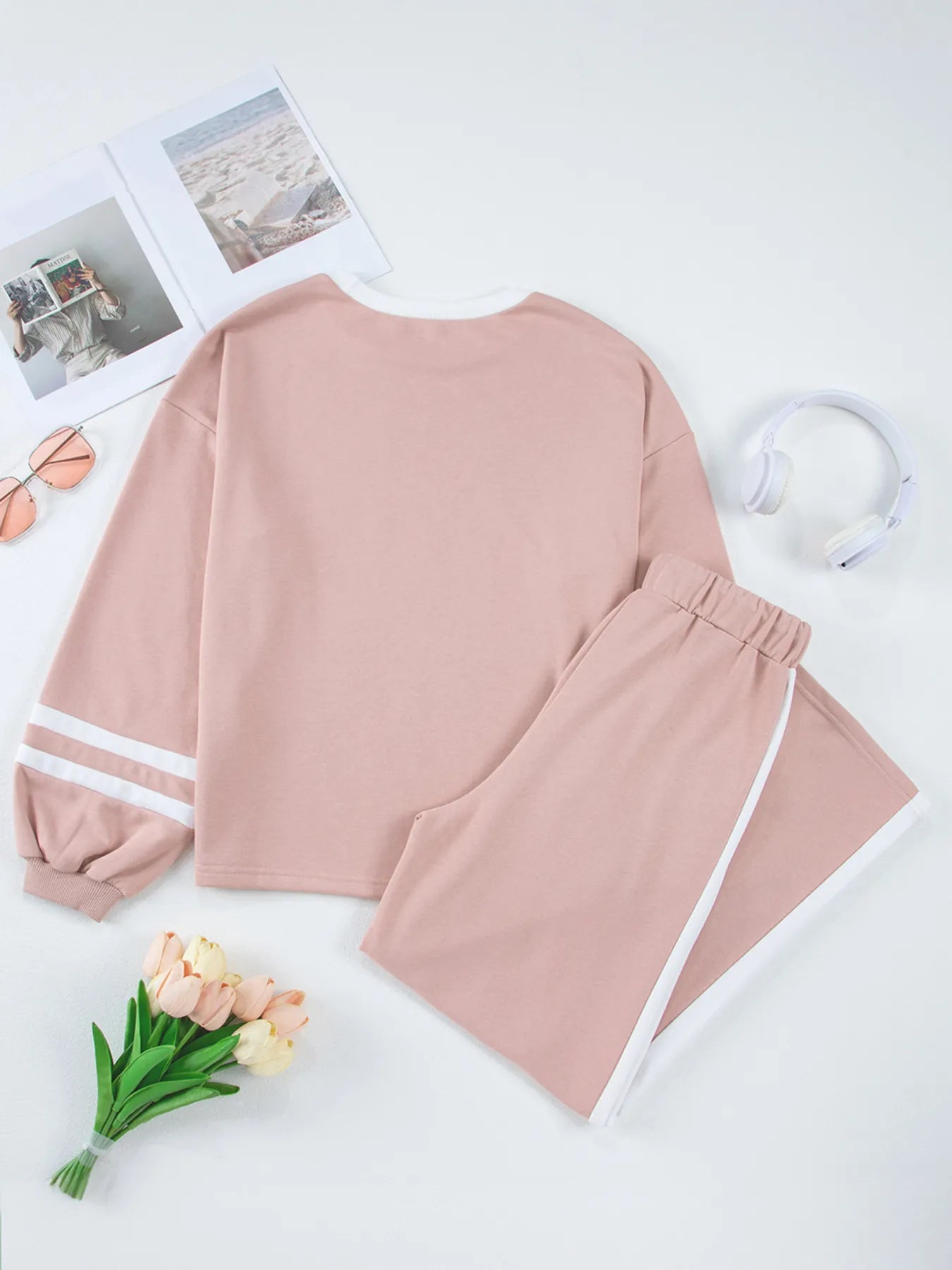 Contrast Trim Round Neck Top and Pants Set