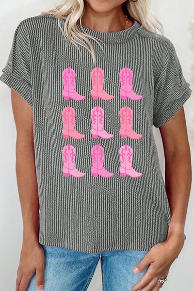 Pink Boots Graphic Striped T-Shirt with Round Neck & Short Sleeves