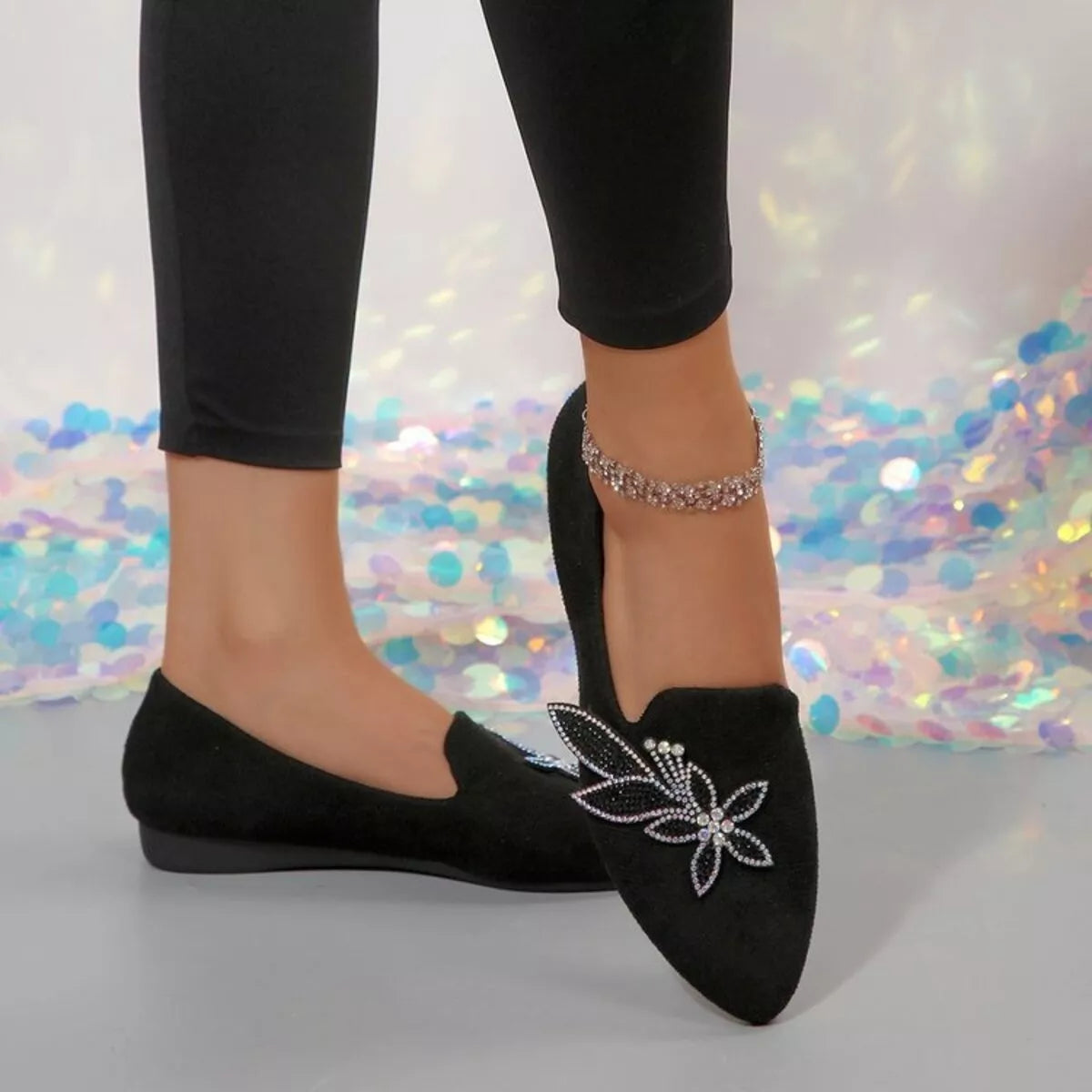 Rhinestone Point Toe Flats Slip-Ons