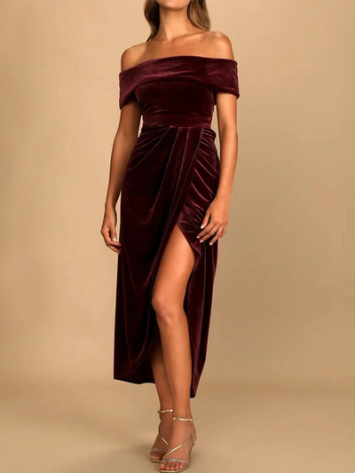 Off-Shoulder Wrap Dress with Side Slit