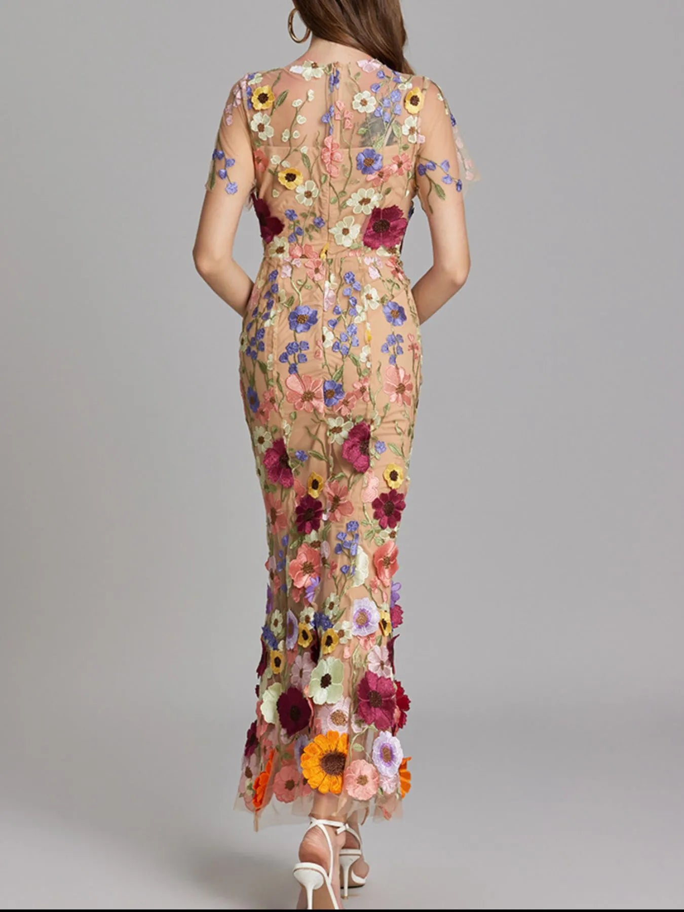 Floral Embroidered Mesh Overlay Maxi Dress