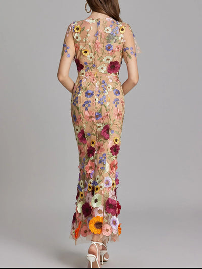 Floral Embroidered Mesh Overlay Maxi Dress