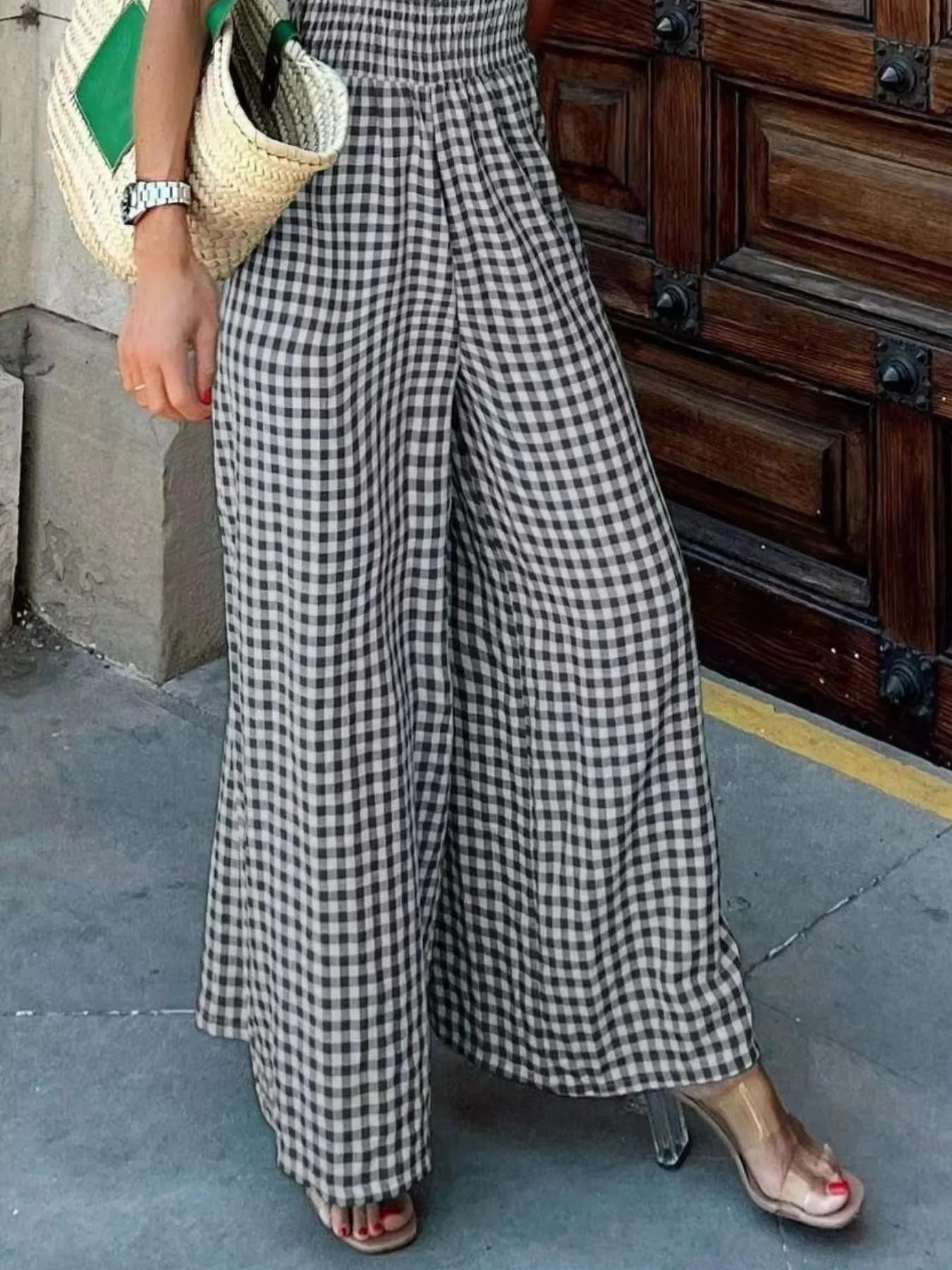 Gingham Smocked Wide-Leg Jumpsuit