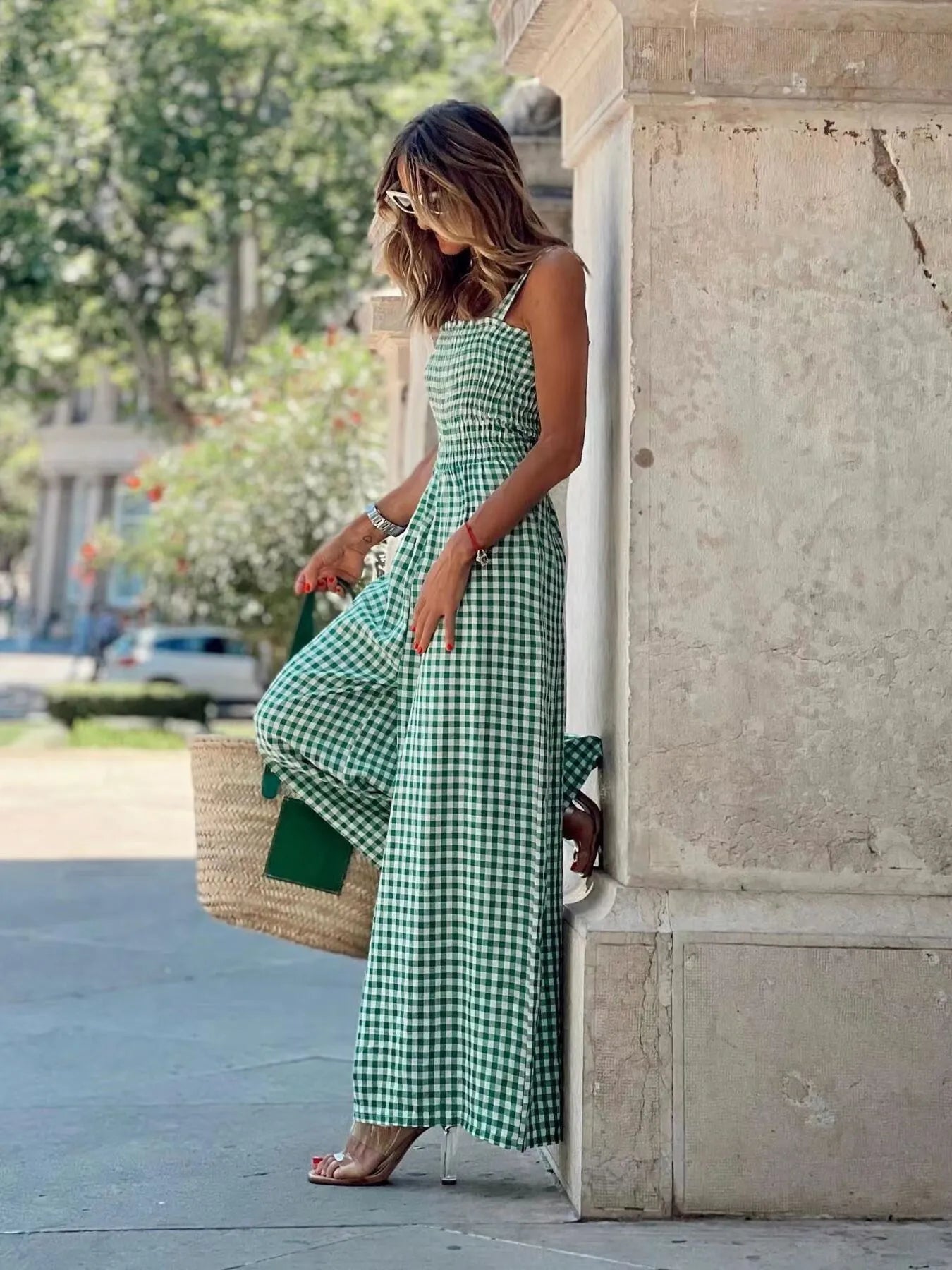 Gingham Smocked Wide-Leg Jumpsuit