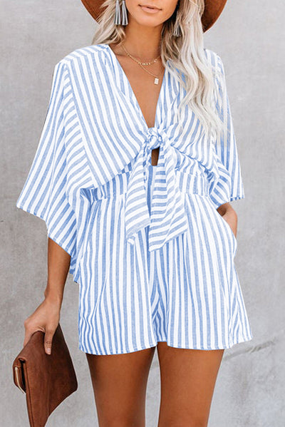 Chic Pink Striped Kimono Sleeve Romper with Bow Detail