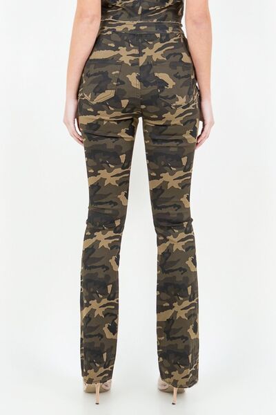 Stylish V-Cut Ruched Camo Flare Pants with Trendy Design