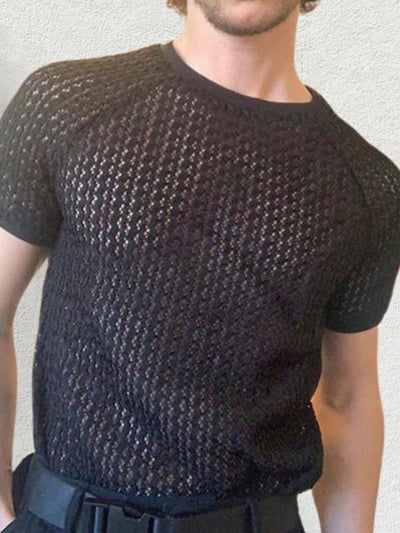 Men's Openwork Round Neck Short Sleeve T-Shirt for Style