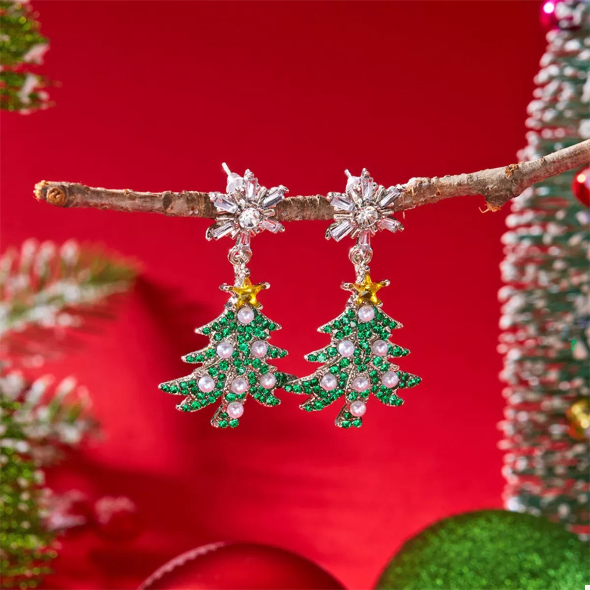 Christmas Tree Snowflake Dangle Earrings