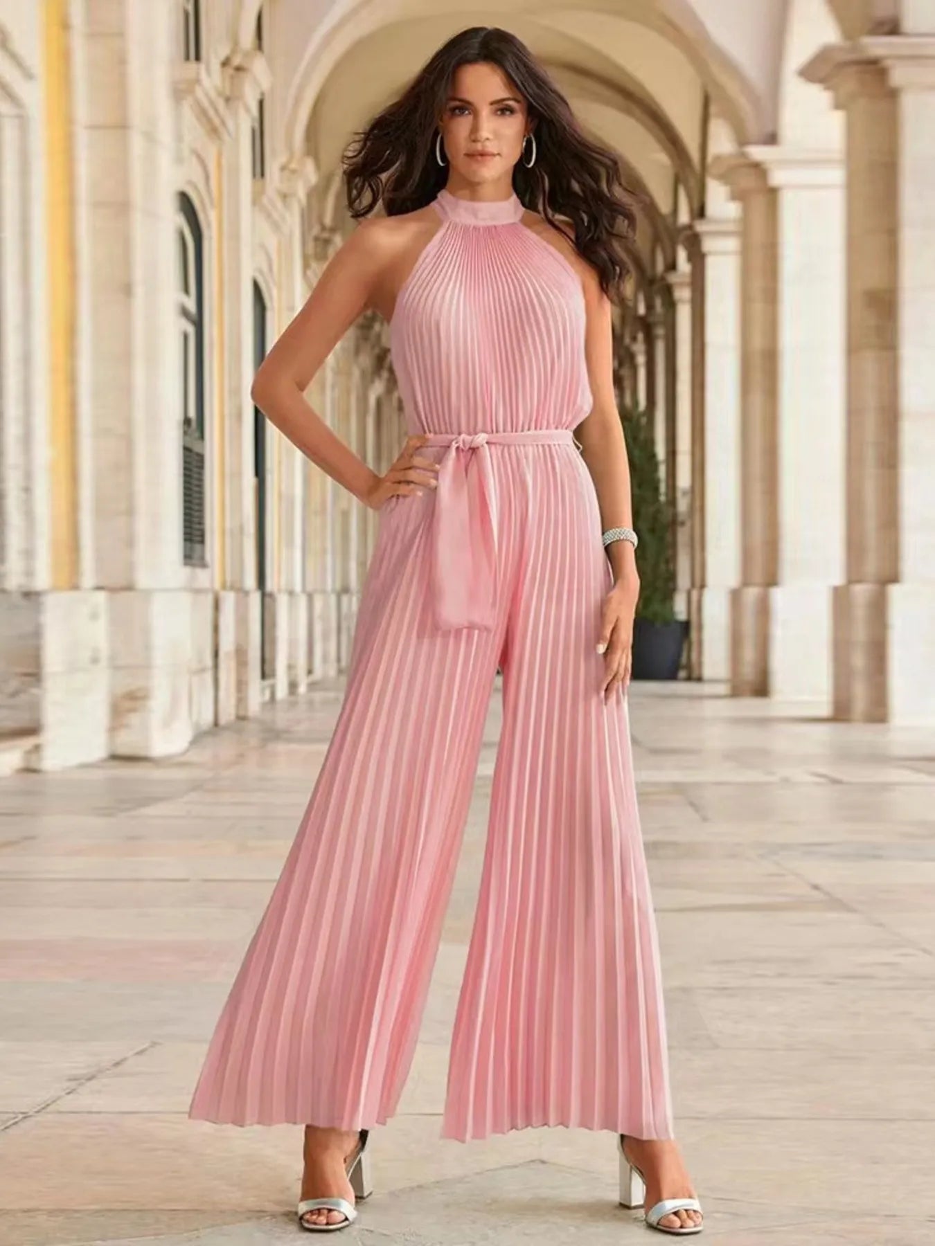 Pleated Sleeveless Wide Leg Jumpsuit