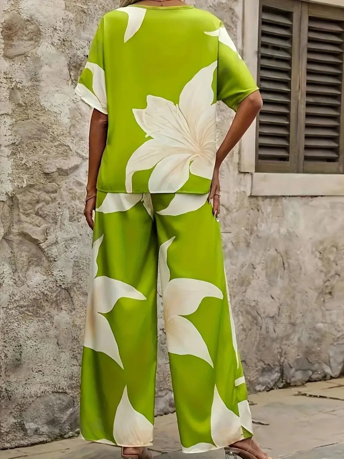 Printed V-Neck Top and Wide Leg Pants Set