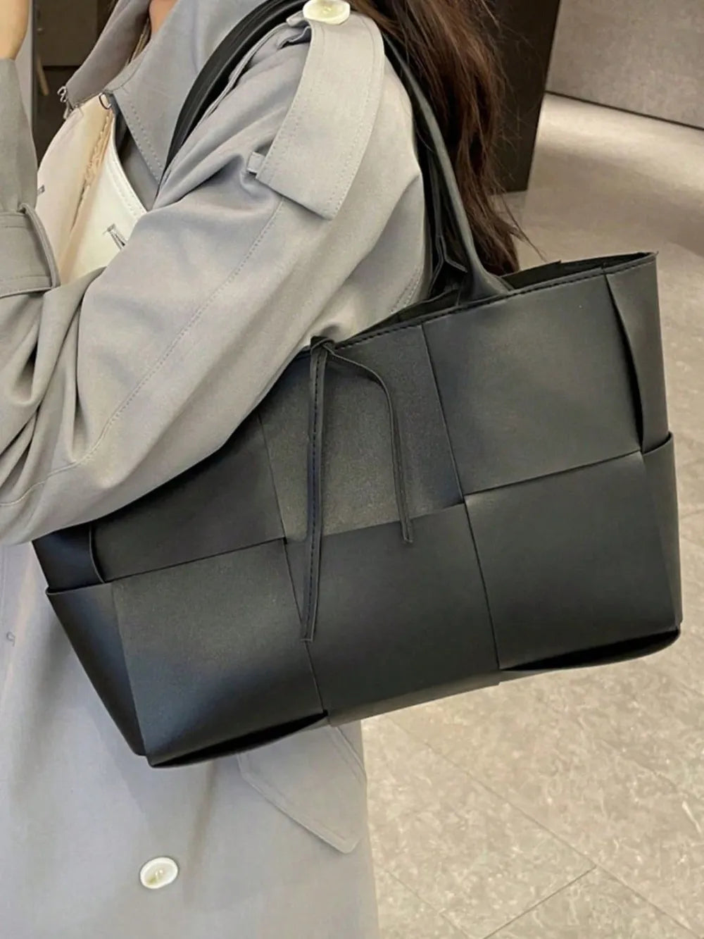 PU Leather Woven Handbag and Clutch Set