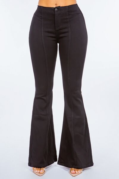 Retro Chic High Waist Pull-On Flare Jeans in Black Denim