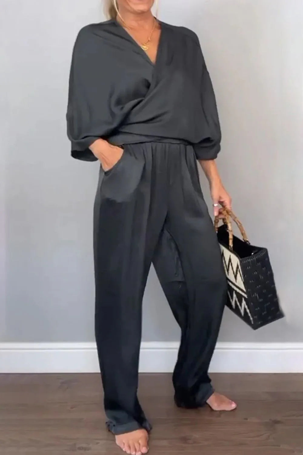 Full Size Wrap Surplice Top and Pants Set Plus Size