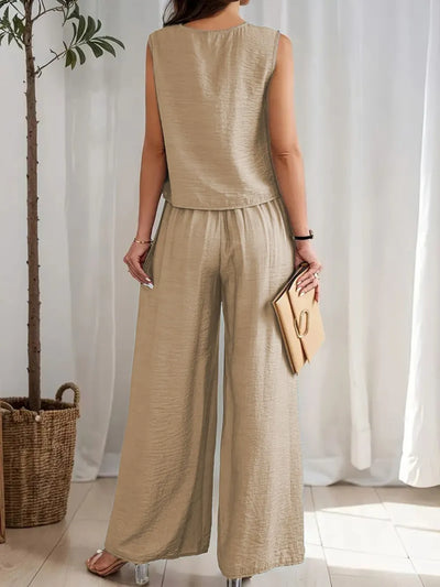Round Neck Sleeveless Top and Wide Leg Pants Set
