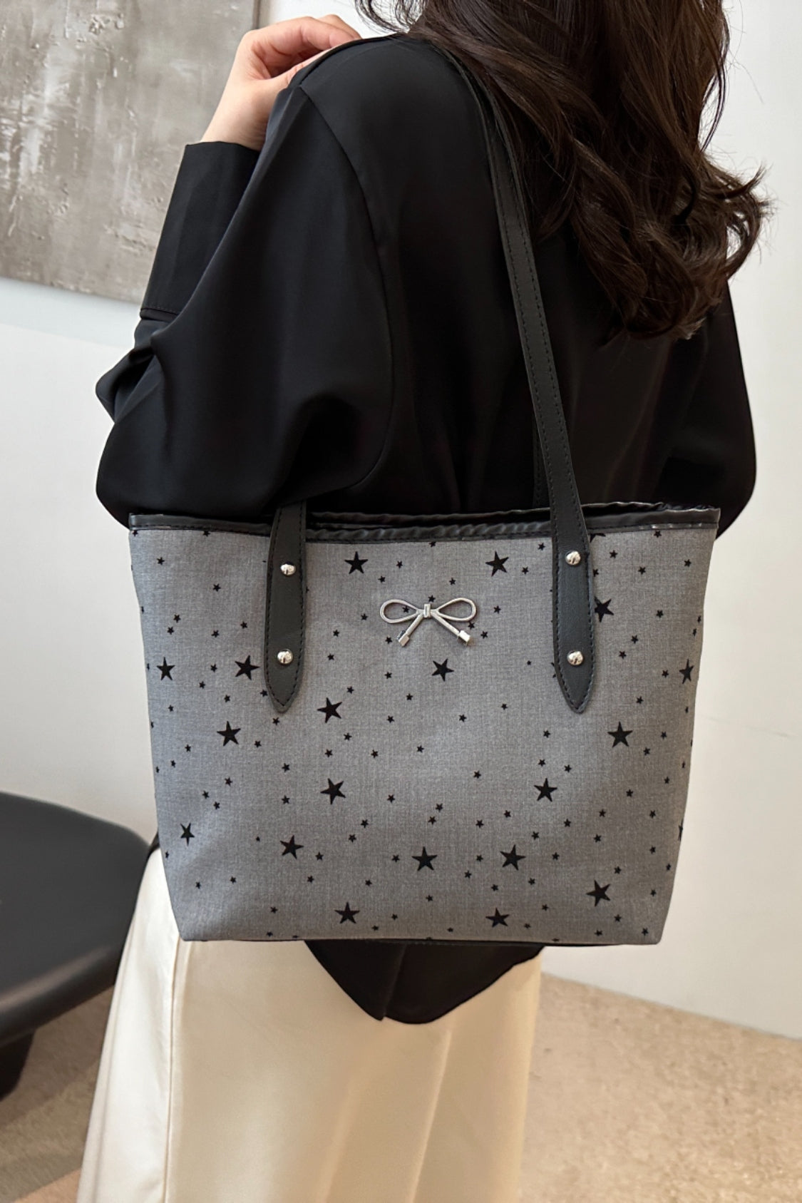 Stylish Bow Trim Polyester Tote Bag for Everyday Use