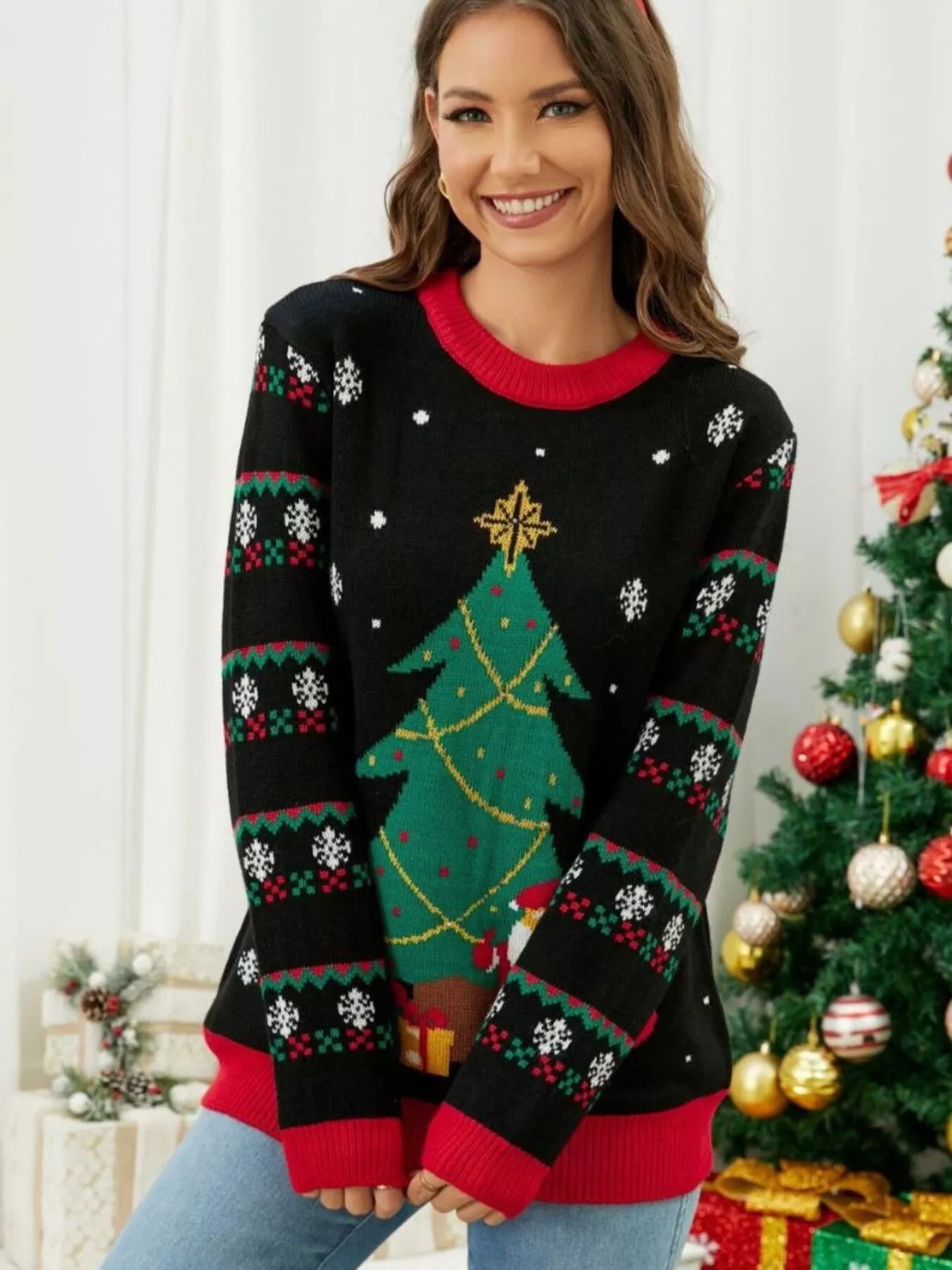 Christmas Tree Santa Round Neck Sweater