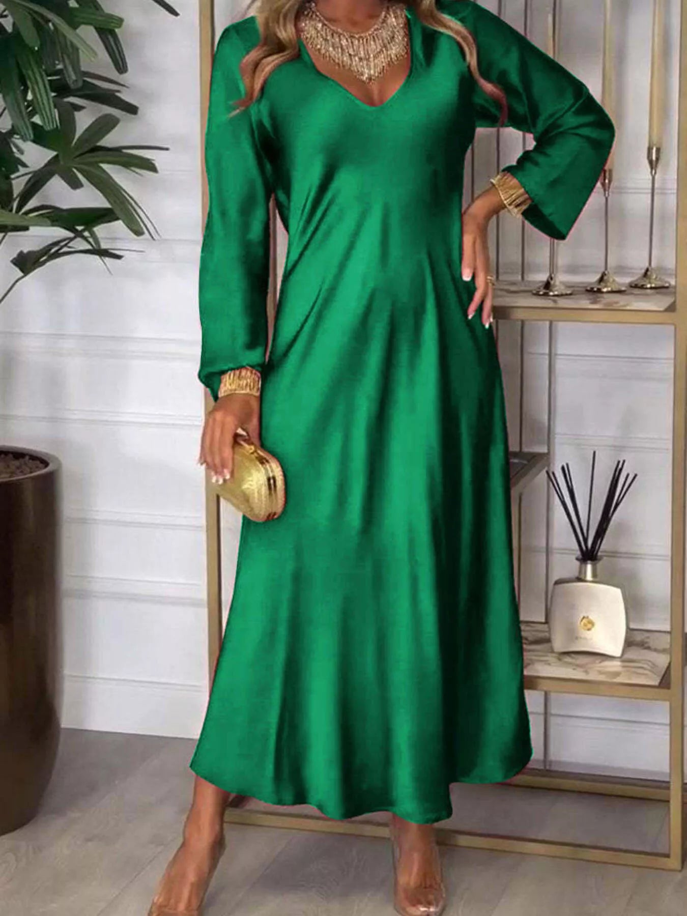 Full Size V-Neck Long Sleeve Midi Dress Plus Size