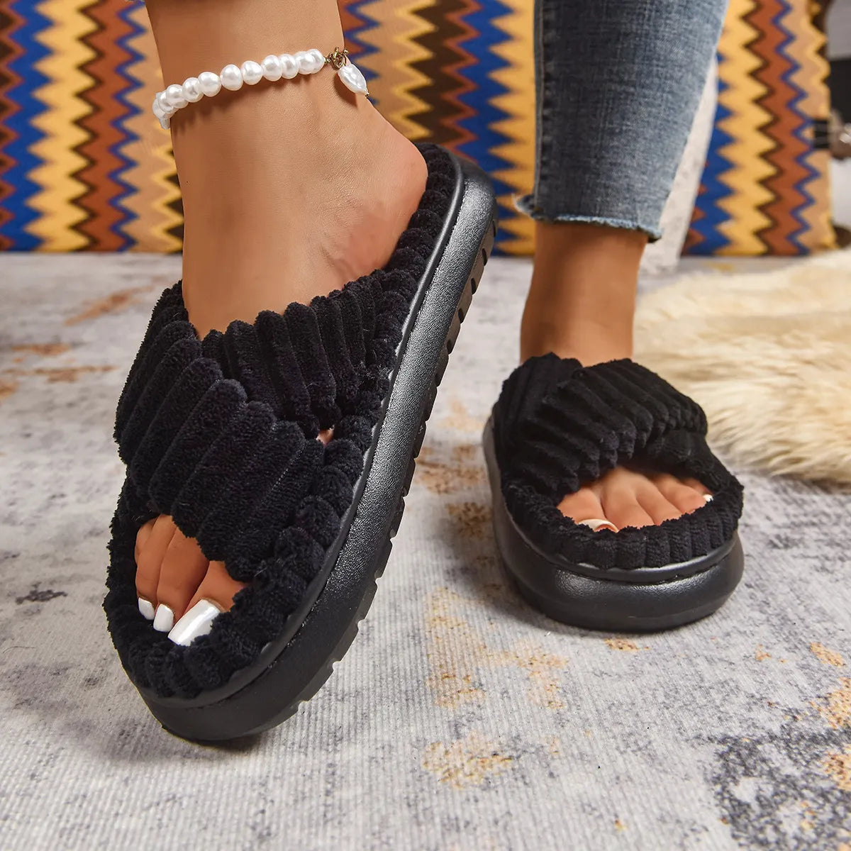 Crisscross Open Toe Platform Slippers