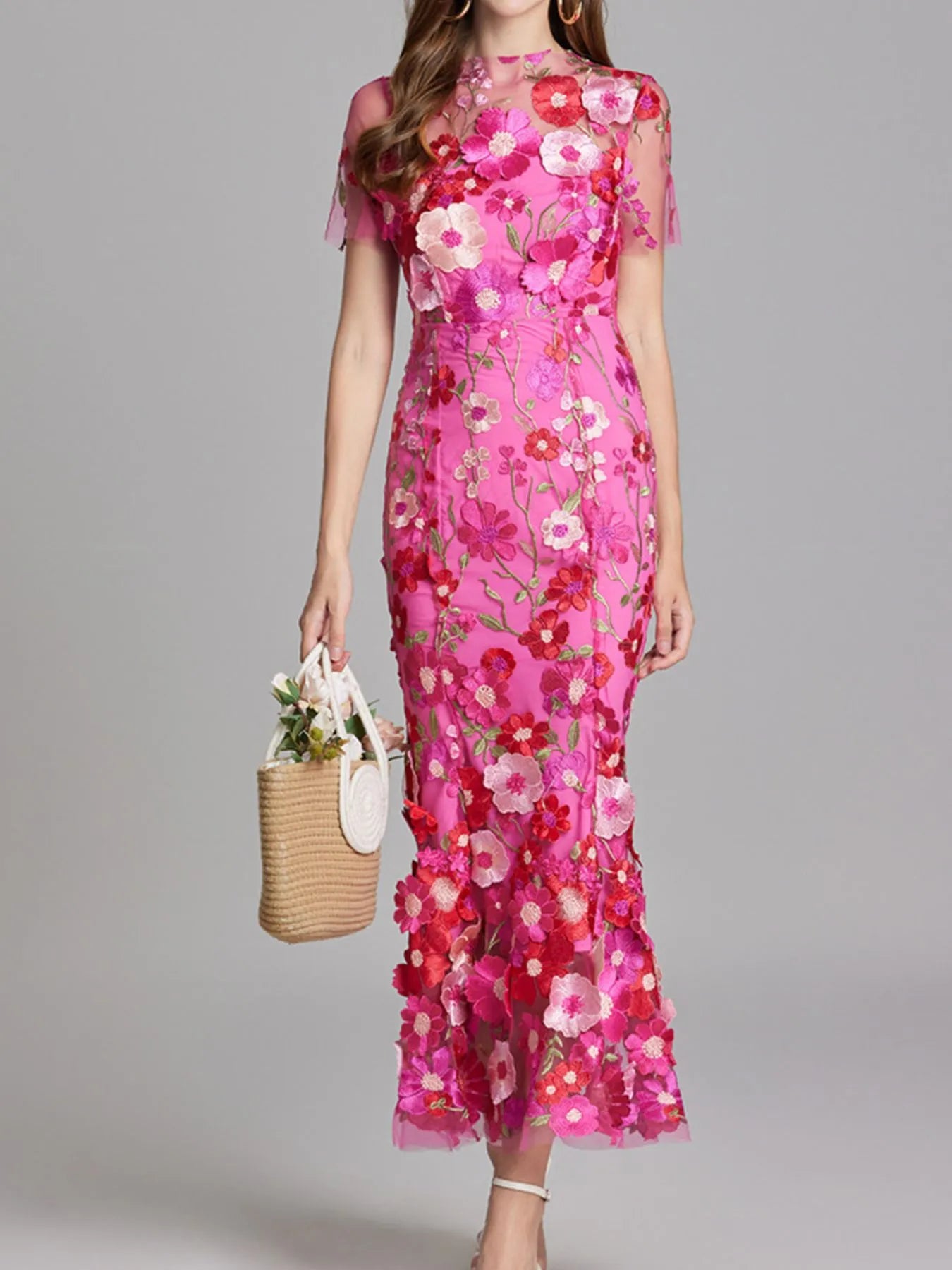 Floral Embroidered Mesh Overlay Maxi Dress