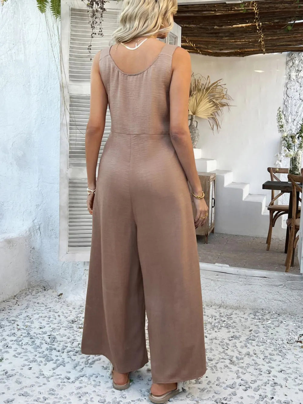 Devine Button Front Knotted Strap Wide Leg Jumpsuit