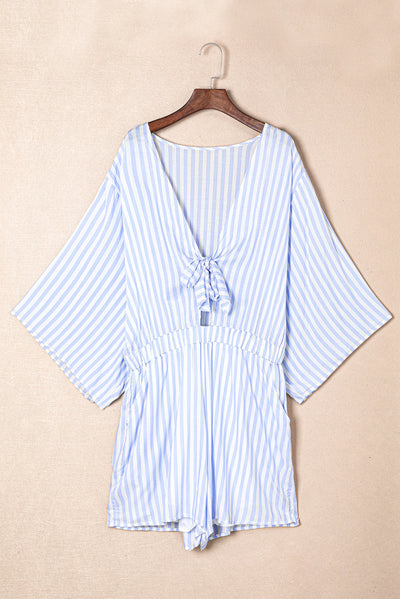 Chic Pink Striped Kimono Sleeve Romper with Bow Detail