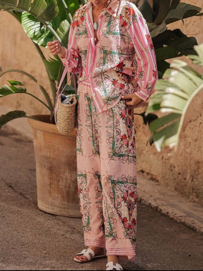 Printed Button Up Shirt and Pants Set