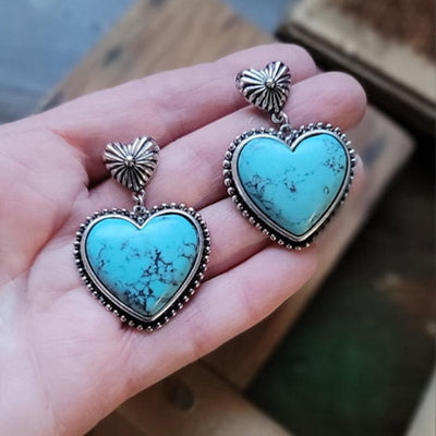Trendy Turquoise Heart Dangle Earrings with Vintage Charm