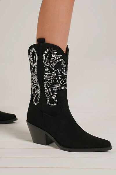 Beast Fashion Mid-Heel Suede Rhinestone Western Boots